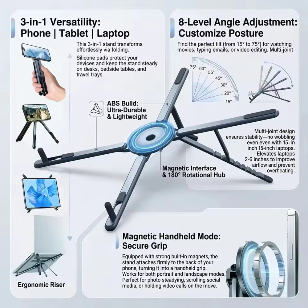 Selfie Stick Tripod - ที่วางโทรศัพท์แม่เหล็กแบบพกพาและไม้เซลฟี่ 3-in-1 ขาตั้งกล้องพับได้สำหรับใช้งานกับ iPhone, iPad, แท็บเล็ต,
